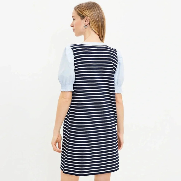 Ann Taylor LOFT Striped Mixed Media V-Neck Cotton Shift Dress Size Small S - Picture 2 of 7